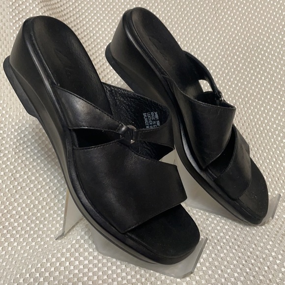 Clarks Shoes - Clarks Black Wedge Slip On Sandals size 6.5